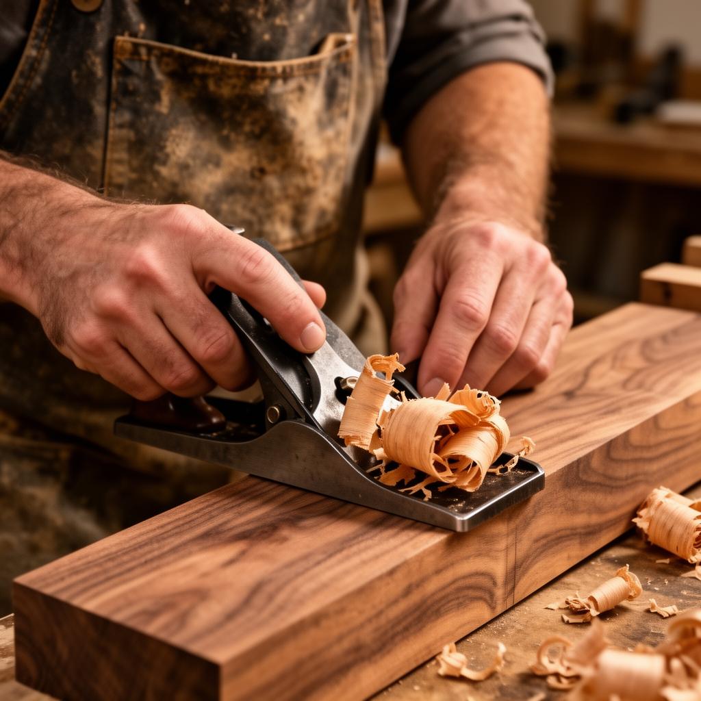 Hände eines Tischlers, die mit einem Hobel über ein Holzbrett gleiten
