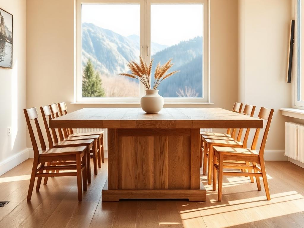 Massiver Holztisch in einem hellen Esszimmer