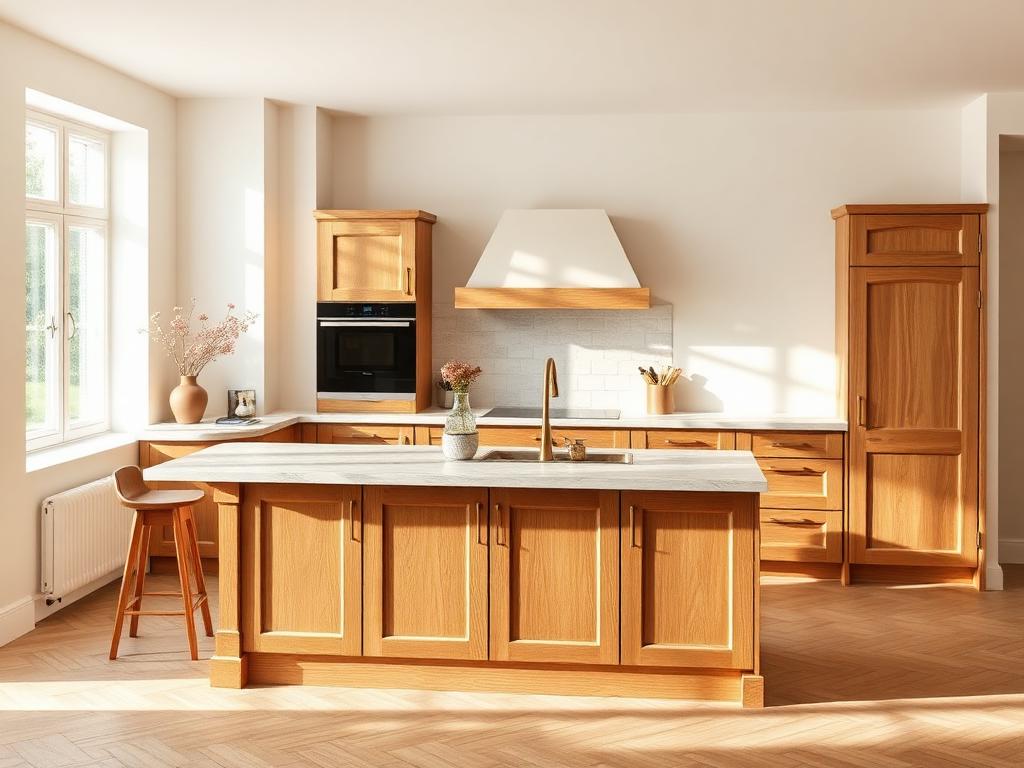 Küchenzeile aus warmem Holz mit Steinarbeitsplatte
